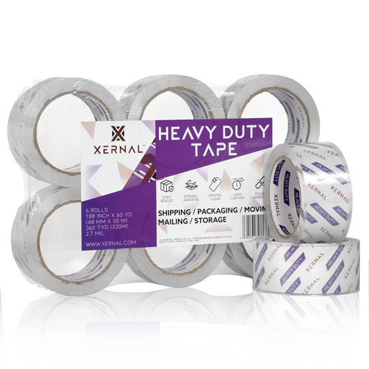 Crystal Clear Heavy Duty Packing Tape - 6 Rolls - 1.88 inch x 60 Yards/Roll - 2.7 mil Thickness - 3 inch Core - 360 Total Yards